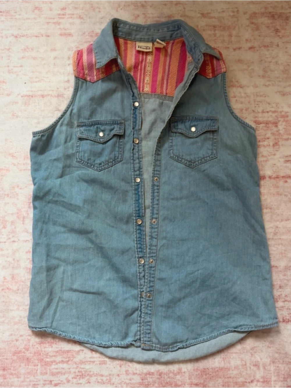 Mudd Sleeveless Denim Vest with Pink Stripe Accent